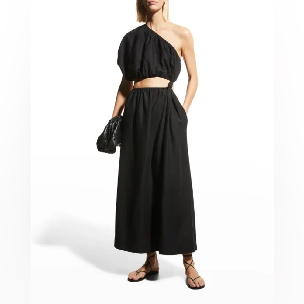 FARM RIO Black Silk One-Shoulder Cut Out Maxi Dress